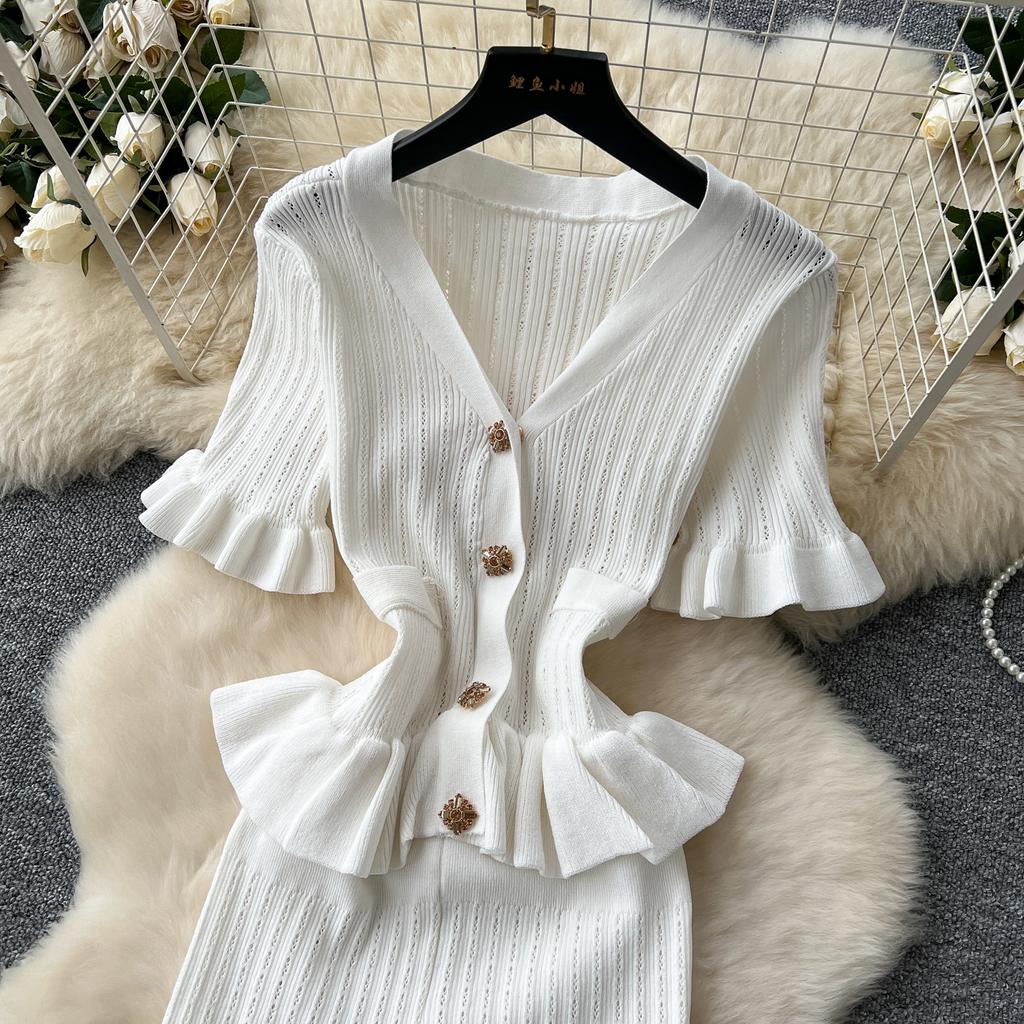 Retro Dzianinowa Falbanka Seksowna Jednorzędowa Elegancka Sukienka Wieczorowa A-line Kobiety Moda Koreańska Lato Odzież Damska