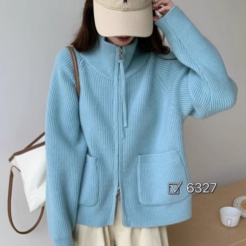 

Осень и зима водолазка на молнии однотонный карман повседневный вязаный кардиган тонкий универсальный ленивый ветер свитер куртка женская One size синий