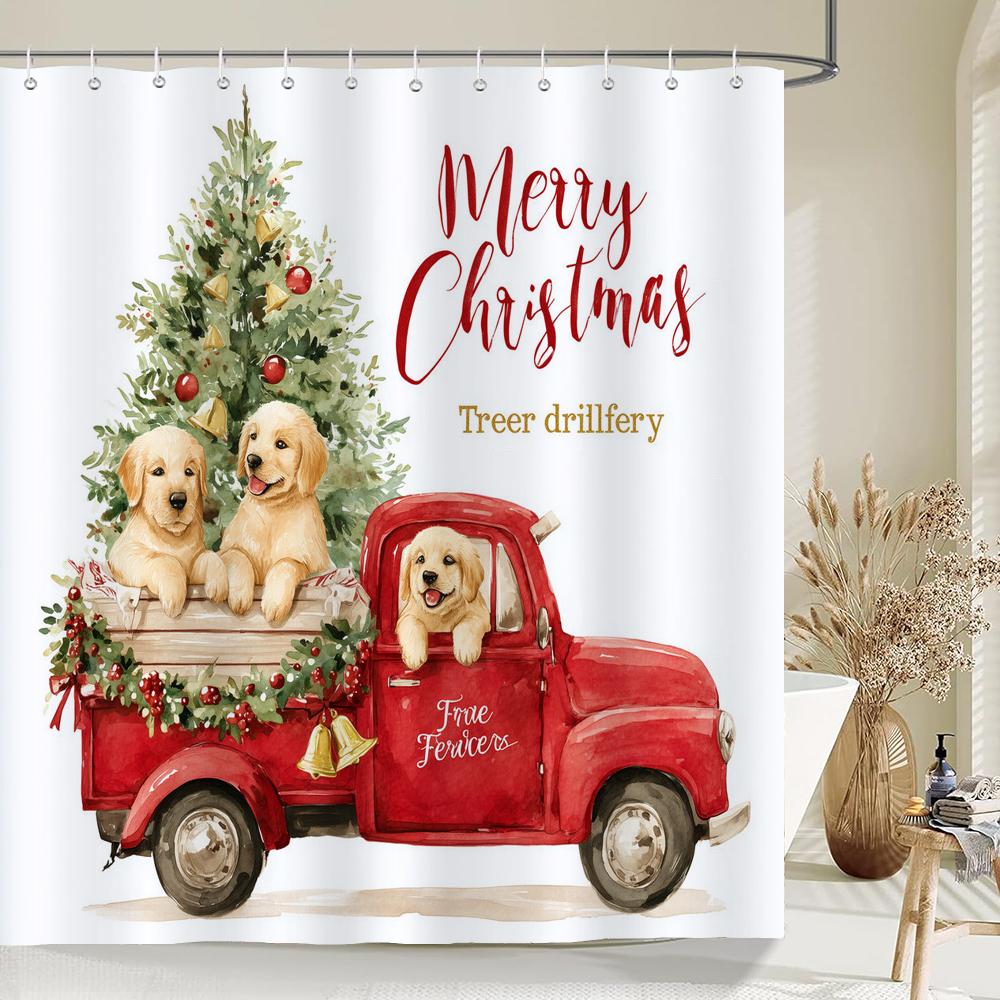 Merry Christmas Shower Curtain Christmas cat and dog Santa Claus Shower Curtains Xmas Printed fabric Decor Bathroom Curtain