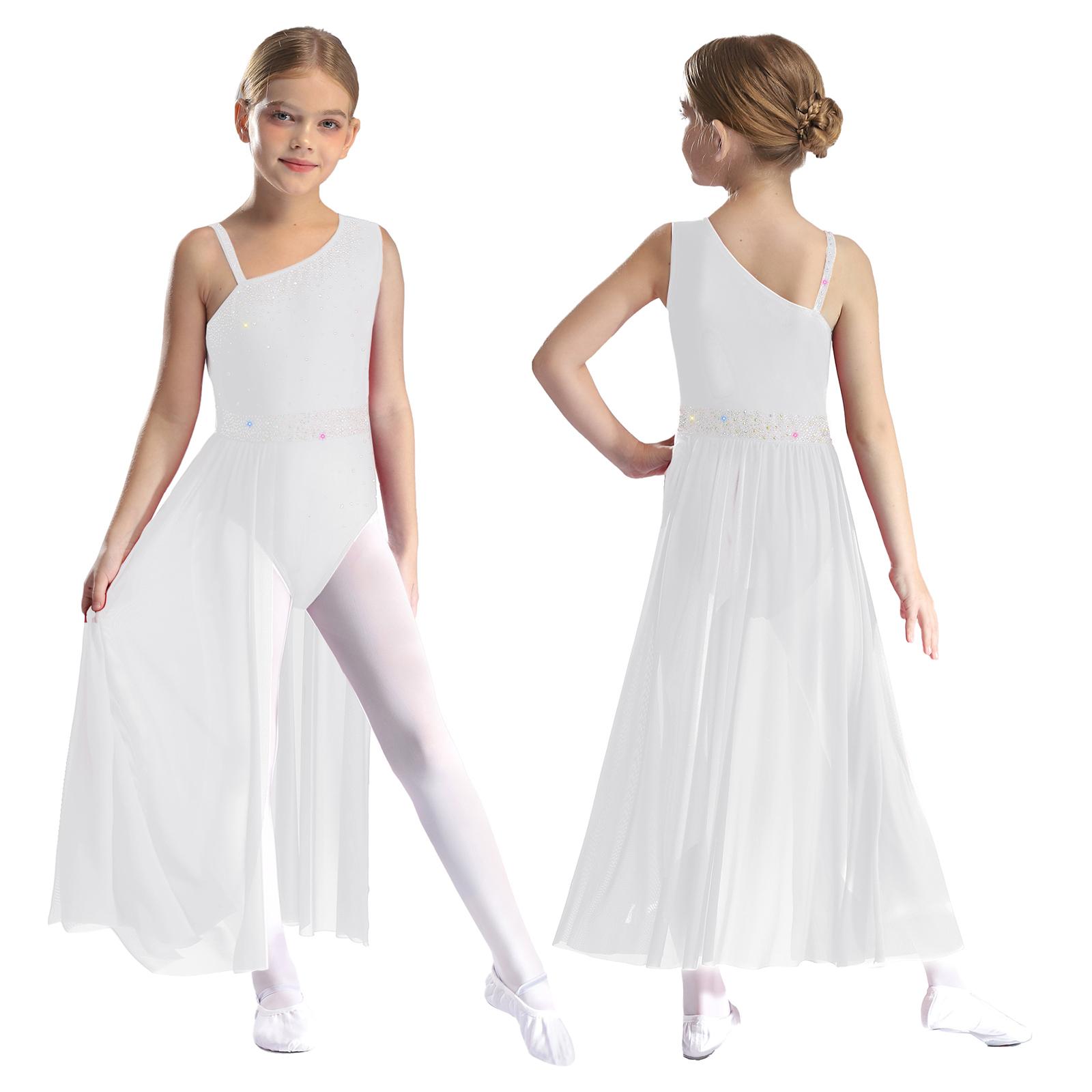 

Дитяча балетна сукня для ліричних танців, гімнастичне трико зі спідницею, прозора сітка, фігурне катання, сучасний танцювальний костюм 9-10 Years білий