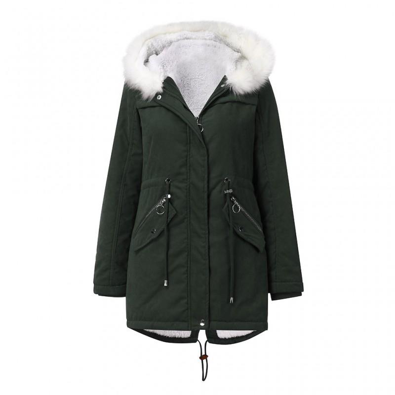 Womens Warm Parka Coat With Faux Fur Collar Hooded Mid-Length Cotton Padded Winter Outerwear