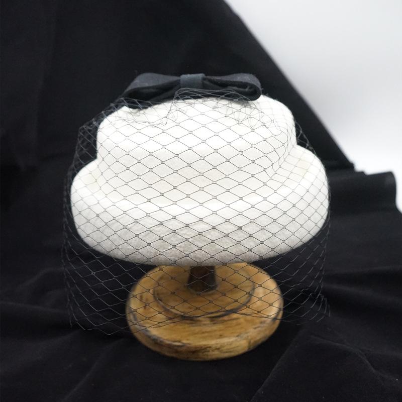 Japanese Retro Black White Brown Bow Mesh Crimped Woolen Top Hat Female Cute Elegant Beret