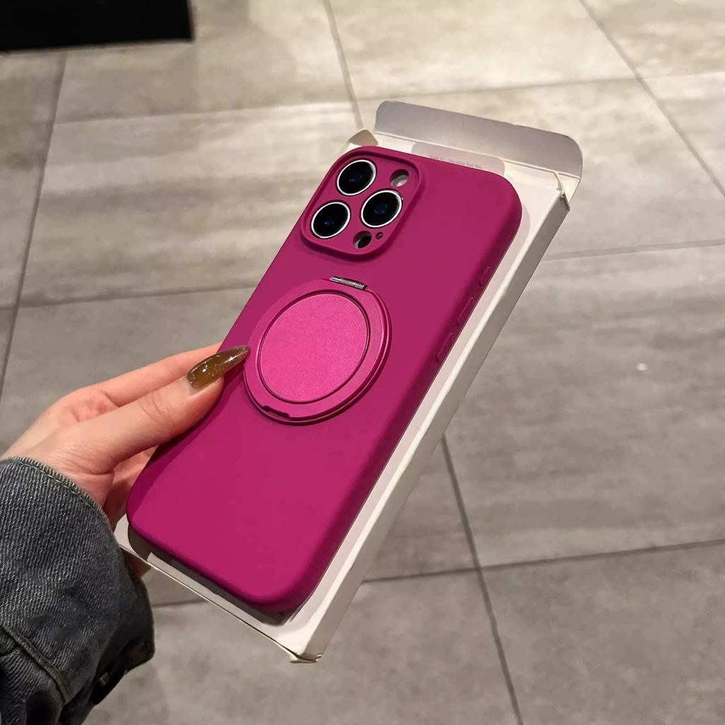 Suitable for Ip16pm Liquid Silicone Magnetic Rotating Stand, Apple 15pro Fine Hole Full Cover Solid Color 14p Protective Case