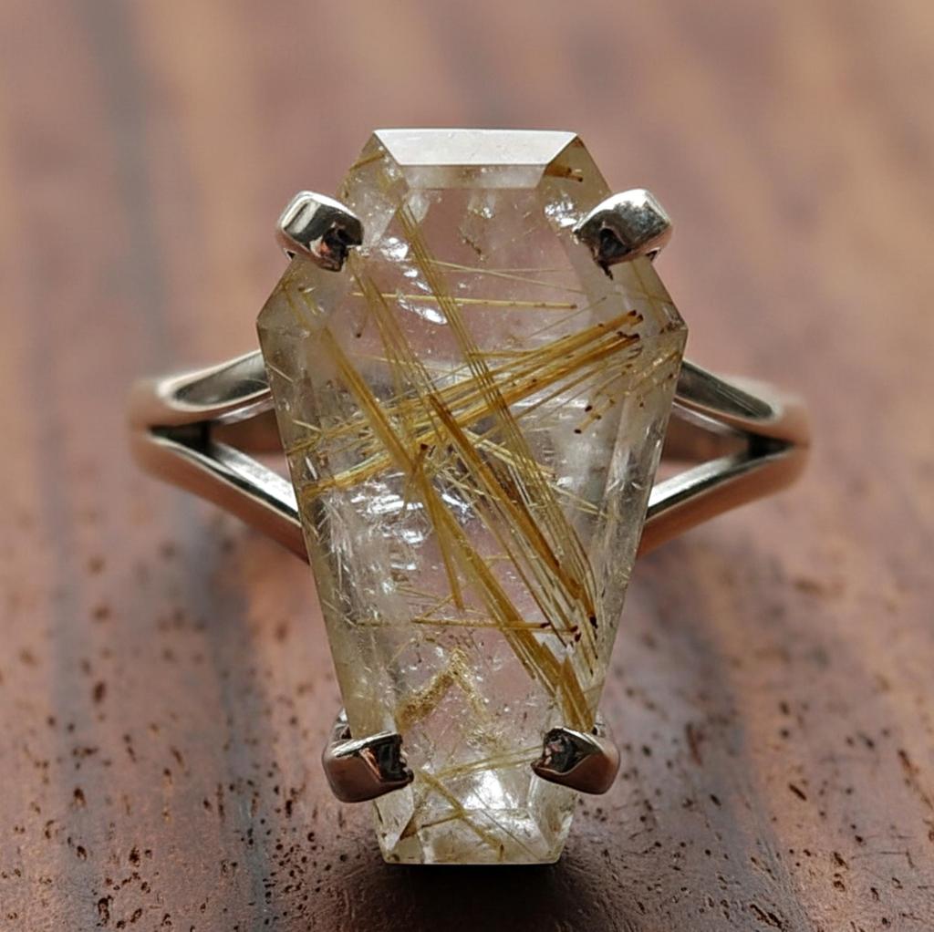 Coffin Ring, Golden Rutile Ring, 925 Solid Sterling Silver, Rutilated Quartz Gemstone, Gift for Her, Women Ring, Mothers Day Gift