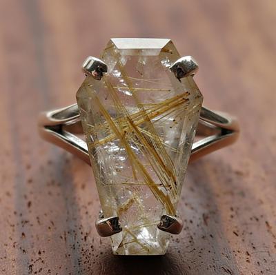 Sargring, Goldener Rutilring, 925 Sterling Silber, Rutilquarz Edelstein, Geschenk für Sie, Frauenring, Muttertagsgeschenk