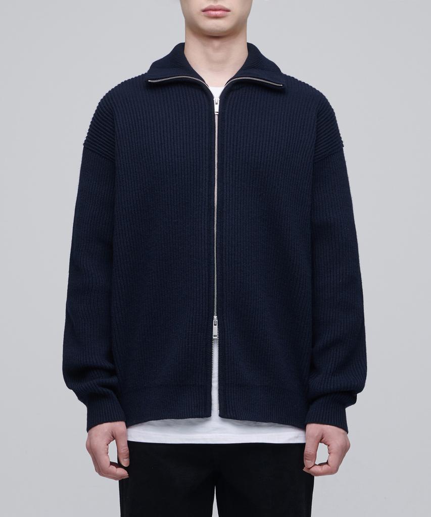 Musinsa Standard Relaxed Ribbed Knit Zip-Up [Navy]