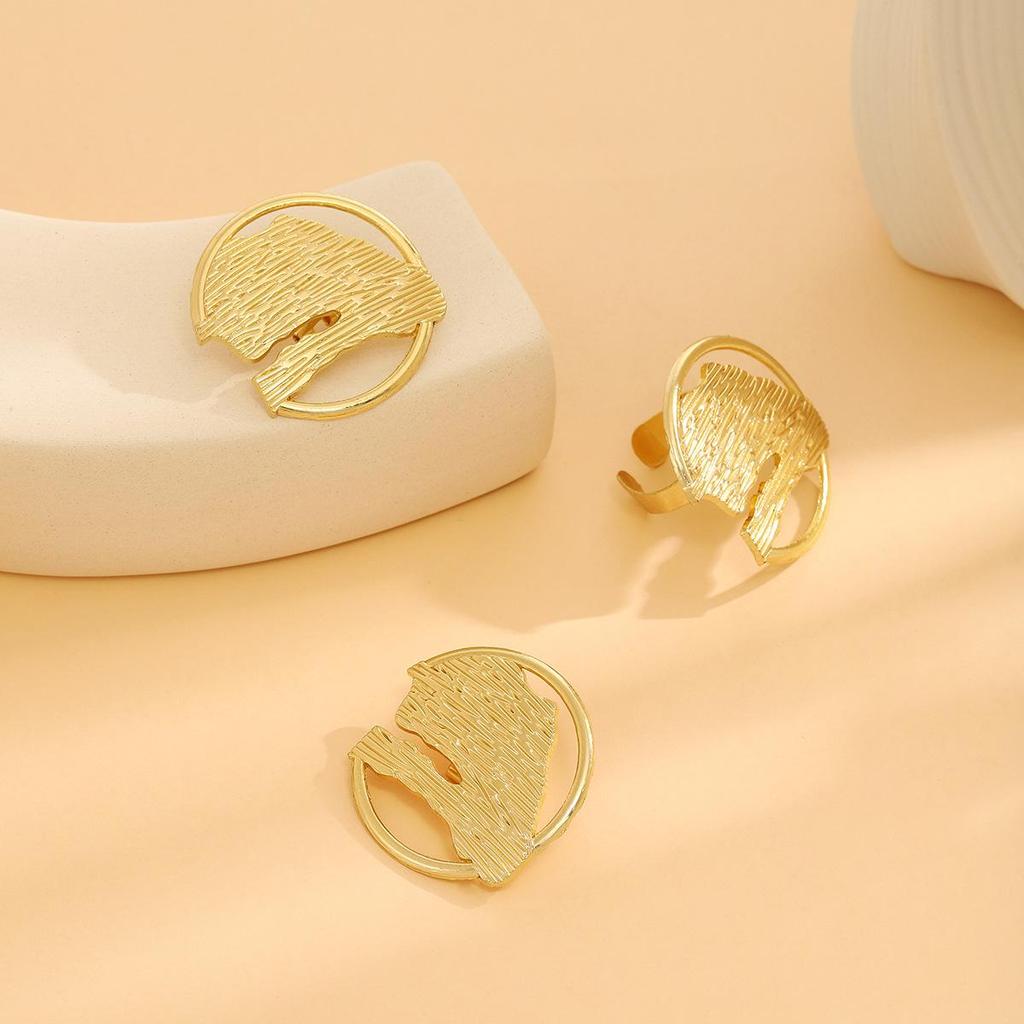 Exaggerated Geometric Metal Earrings: Irregular Fan-Shaped & Round Hollow Design (2-Piece Set)