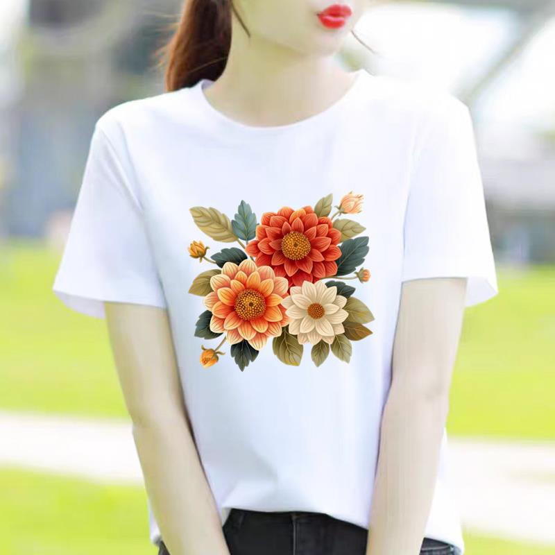 Bottom Shirt Ins Sweet Simple Flowers Round Neck Wear FeUnisex Print Fashion Internet Celebrity Commuter Shortsleeved Tshirt