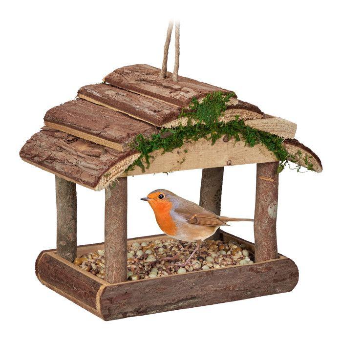 Relaxdays mangeoire pour oiseaux en bois, à suspendre, hlp 19 x 22 x 16,5 cm, jardin, distributeur de nourriture, nature