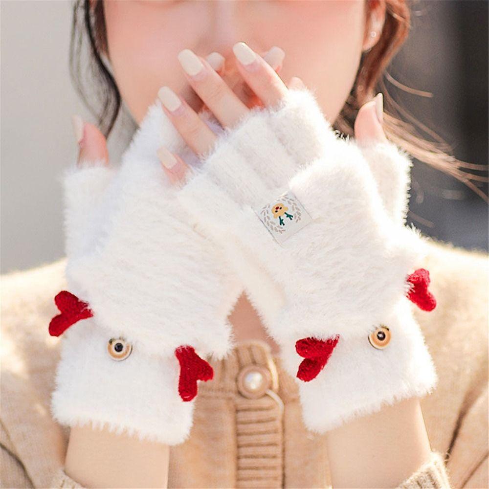Half-Finger Flip Winter Gloves Soft Antlers Knit Mittens Cute Student Writing Gloves