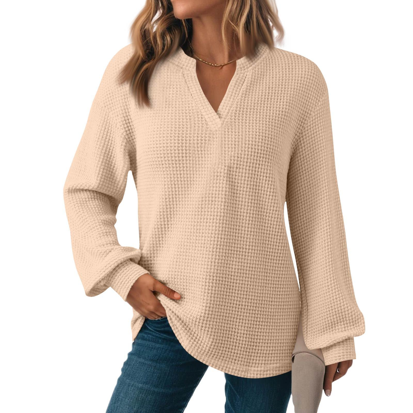 

Женский модный трикотажный топ с длинным рукавом, V-образным вырезом, однотонный, повседневный XL бежевый