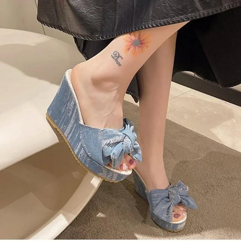 Fashion Wedges Denim Slippers Women 2024 Summer Platform Mules Bow Knot Sandalias Mujer Slides Woman 10cm High Heels Beach Shoes Slides