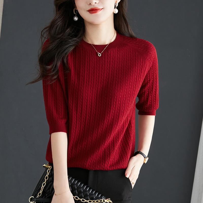 Spring and Summer Medium-sleeved Knitted Sweater Women's Thin Early Autumn New Loose Twist Bottomed Sweater Top