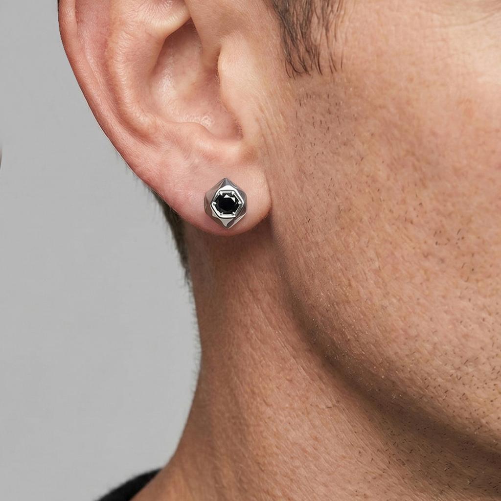 Fashion Black Zircon Geometric Stud Earrings for Men, Waterproof Hypoallergenic Stainless Steel Small Earrings, Hip Hop Jewelry