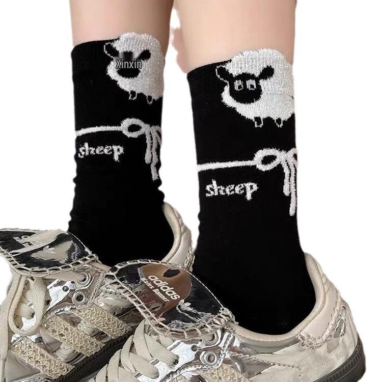 2024 Autumn/Winter Flocked Sheep Cotton Socks - Japanese Academy Style Mid-Calf Cartoon Student Socks for Women