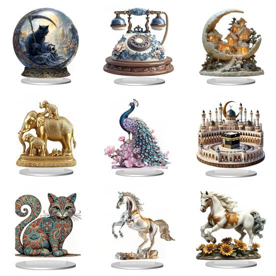 2D Acrylic Animal Table Sign Horse Cat Peacock Elephant Castle Moon House Ornament Home
