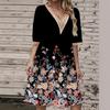 Damen Frühling/Sommer Printkleid Spitze V-Ausschnitt Loose Swing Kurzarm Mittellanges Kleid