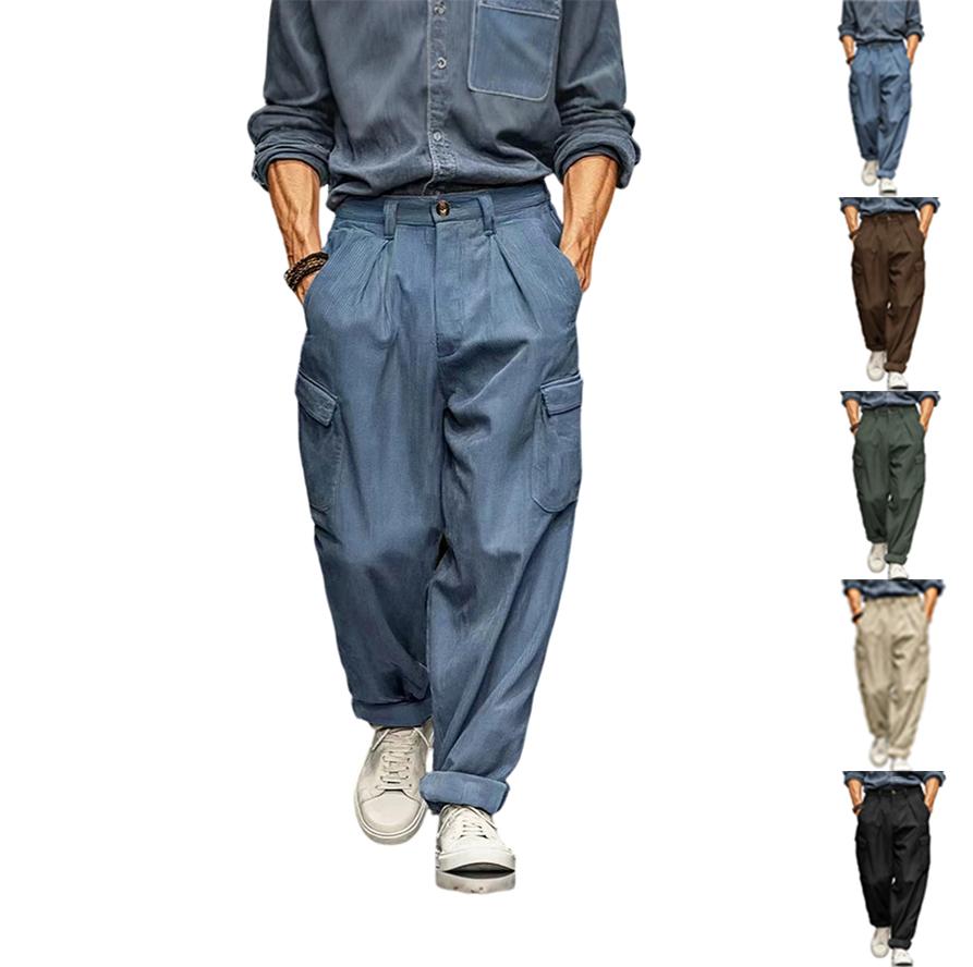 Men's Corduroy Work Pants Loose Fit Multi Pocket Straight Leg Casual Trousers Vintage Style 2026 New Model