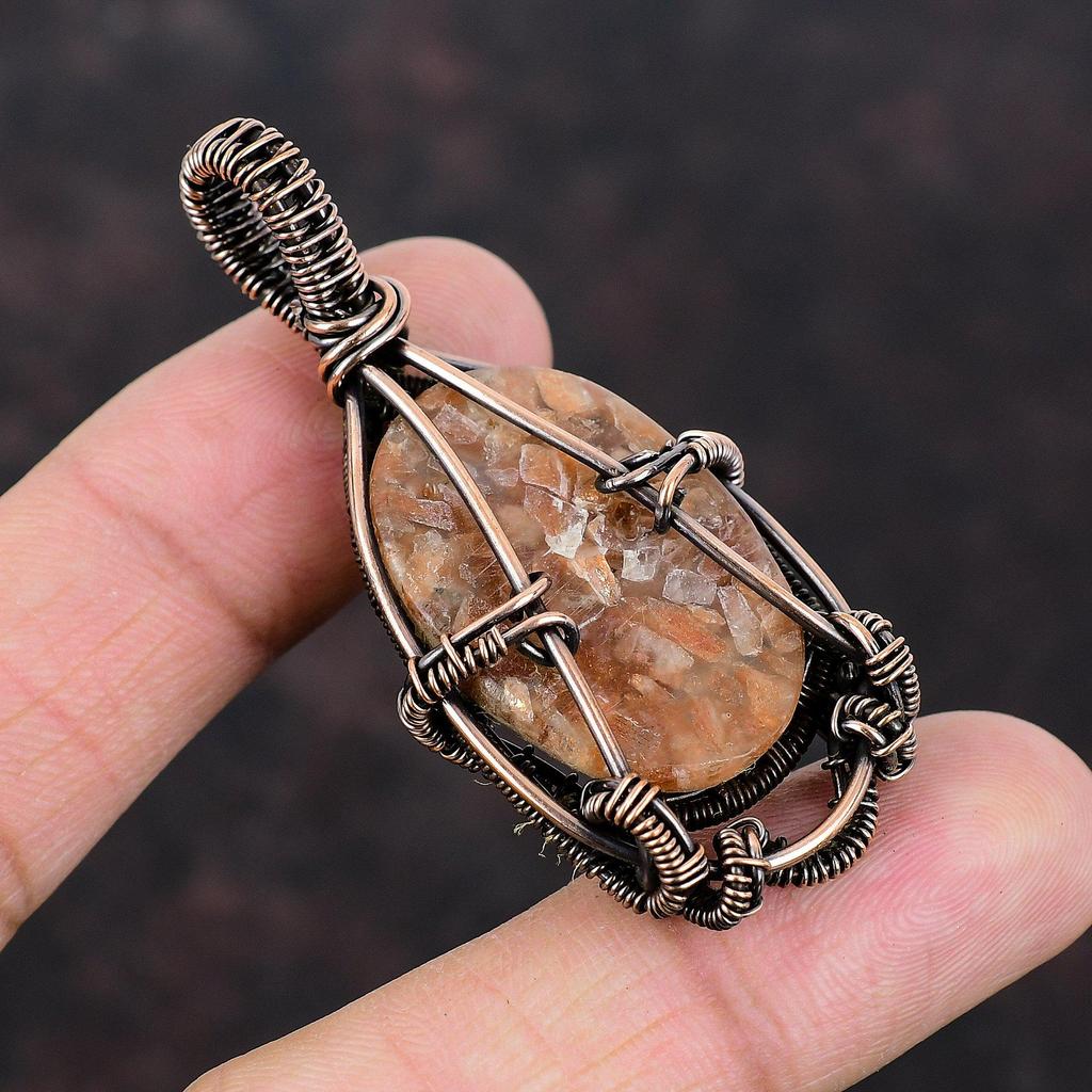 Sunstone Gemstone Copper Pendant Copper Wire Wrapped Pendant Handmade Boho Hippie Pendant Anniversary Gift Wire Wrapping Sunstone Jewelry