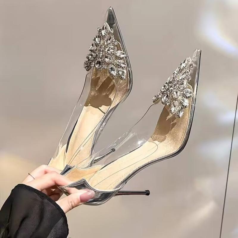Spring New Thin Heel Shoes Women's Pointed Head Shallow Mouth Crystal Buckle Splicing Anti-slip Wear-resistant High Heels