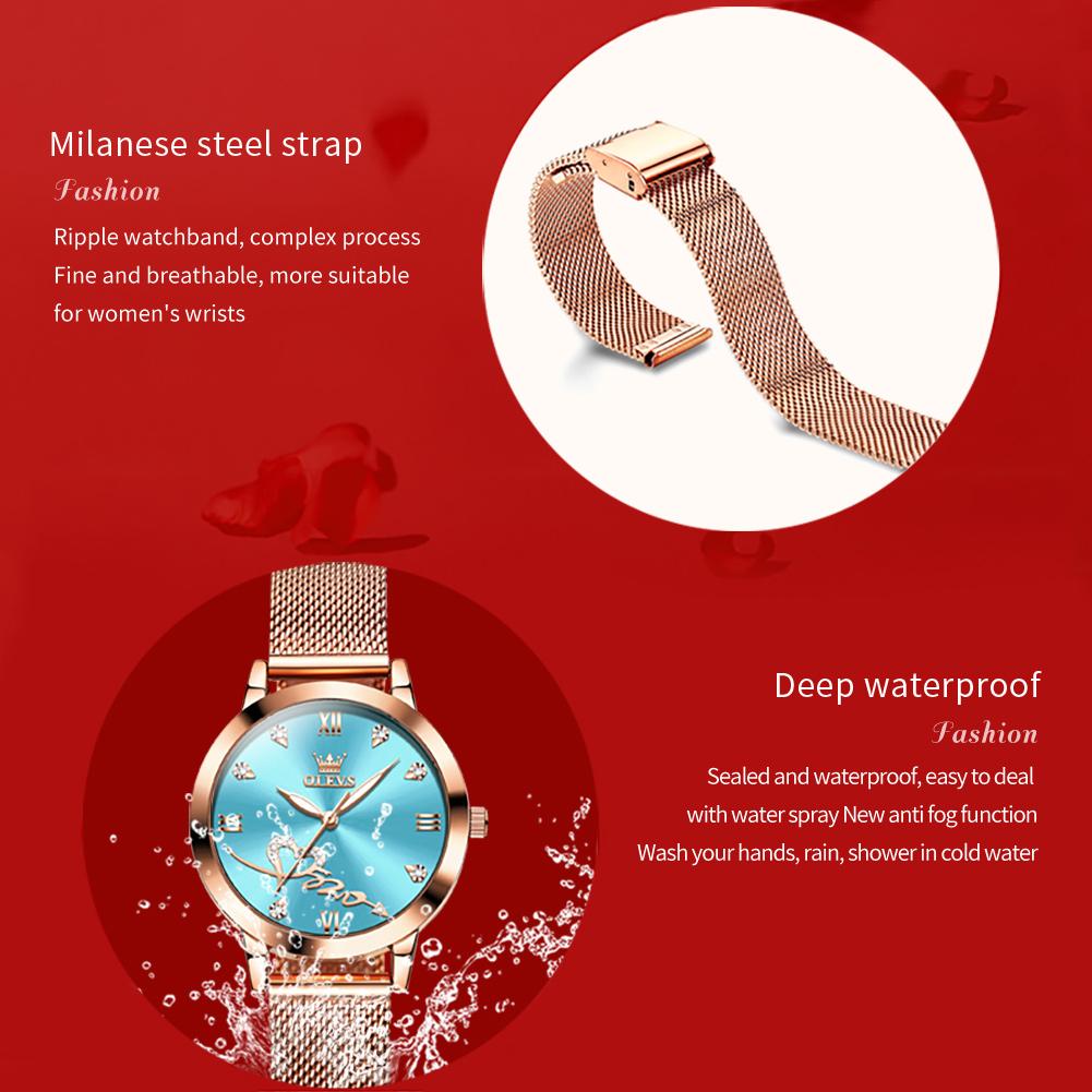 OLEVS Luxury Love Heart Diamond Ladies Watches Stainless Steel Mesh Strap Waterproof Quartz Wristwatch for Women Gift