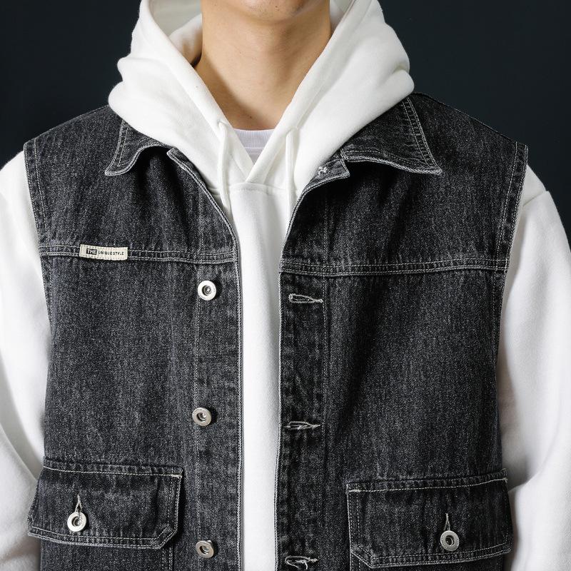 Men's Plus Size 7XL Korean Fashionable Loose Washed Denim Vest - Spring and Autumn Youth Casual Multi-Pocket Sleeveless Jacket