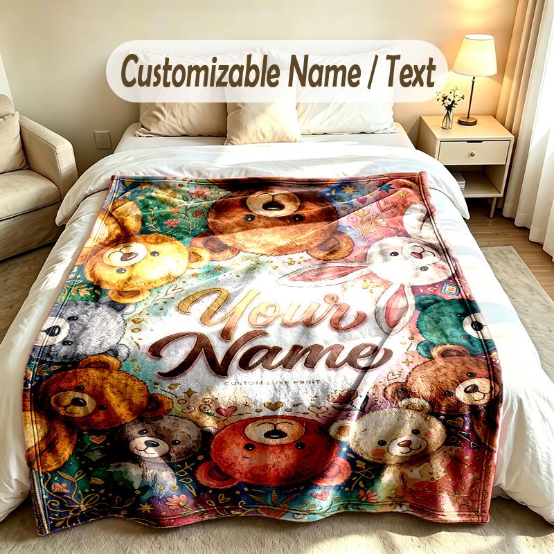 Teddy Bear Theme Custom Blanket Personalized Name & Text Customized Soft Warm Throw Blanket Home Decor