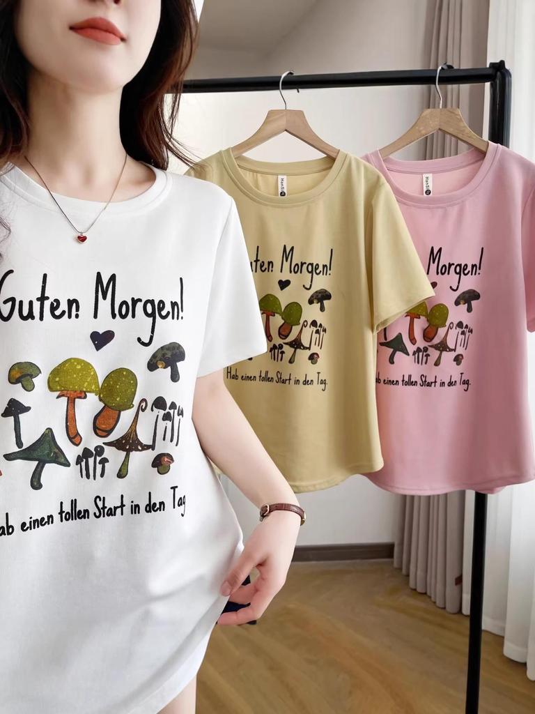 2026 New Summer Cartoon Mushroom Print Women's Round Neck Plus Size Casual Half Sleeve T-shirt