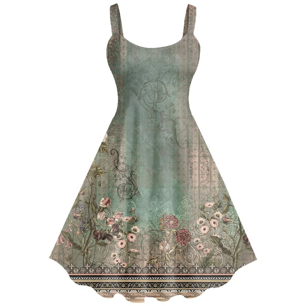 Women's Casual And Fashionable Print Sexy Suspender Retro Dress Big Swing Dress Dress