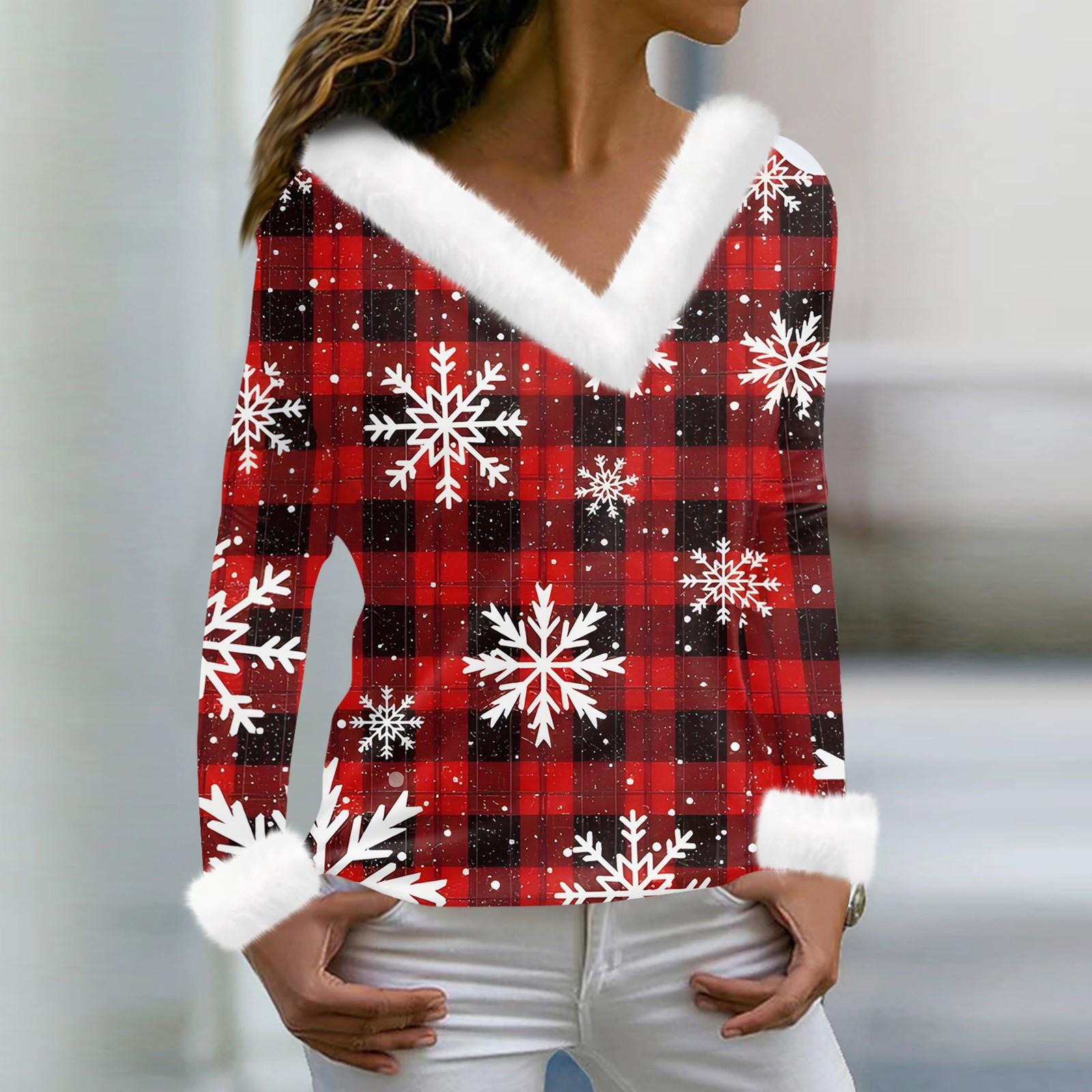 Женская мода повседневная плюшевая кофта с длинным рукавом и V-образным вырезом с рождественским принтом XXL 1758₽