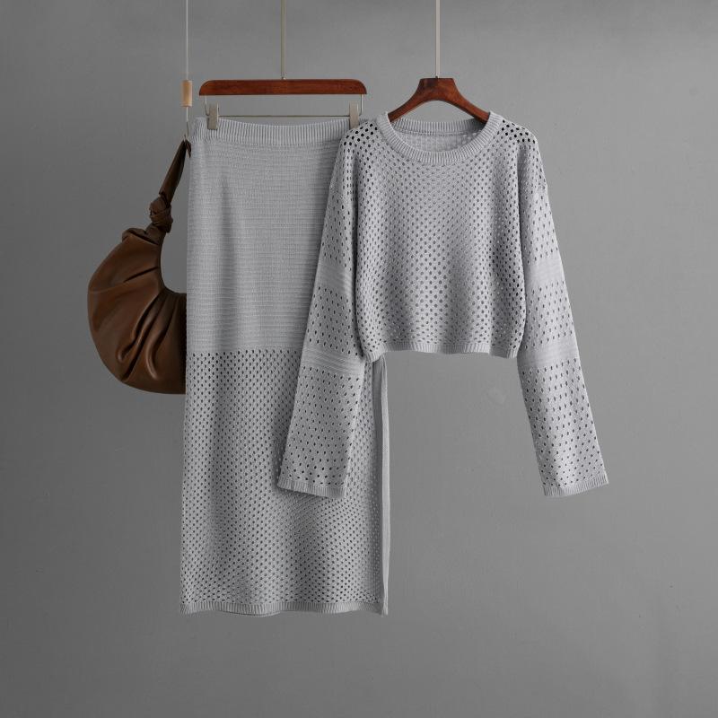 European and American Women's Clothing 2024 New Summer Hollow-out Knitted Shirt Long Skirt Fashion Two-piece Dress