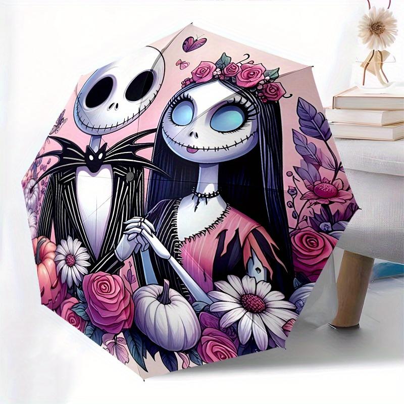 1 Automatischer Regenschirm mit 8 Speichen, Motiv Jack Skellington und Sally, Bunt, Tragbar, für Damen und Herren, Ein Kompakter Begleiter für den Weg zur Arbeit, Geeignet für Da