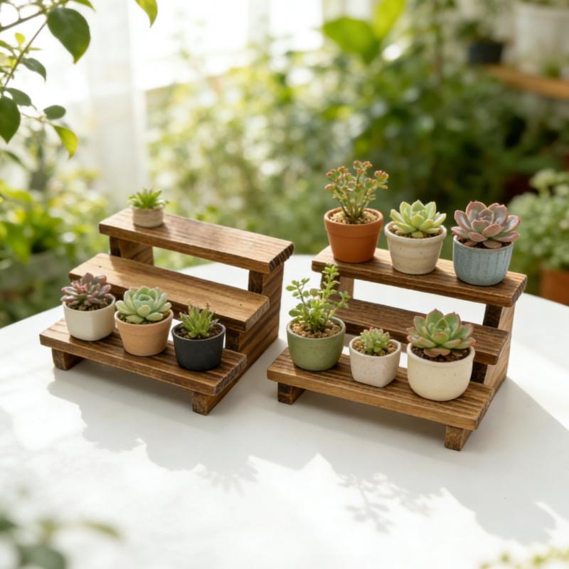 2Pcs Dollhouse Simulation Wooden Three-Layered Shelf Dollhouse Miniature Garden Flower Stand Model Dolls House Decor Accessories