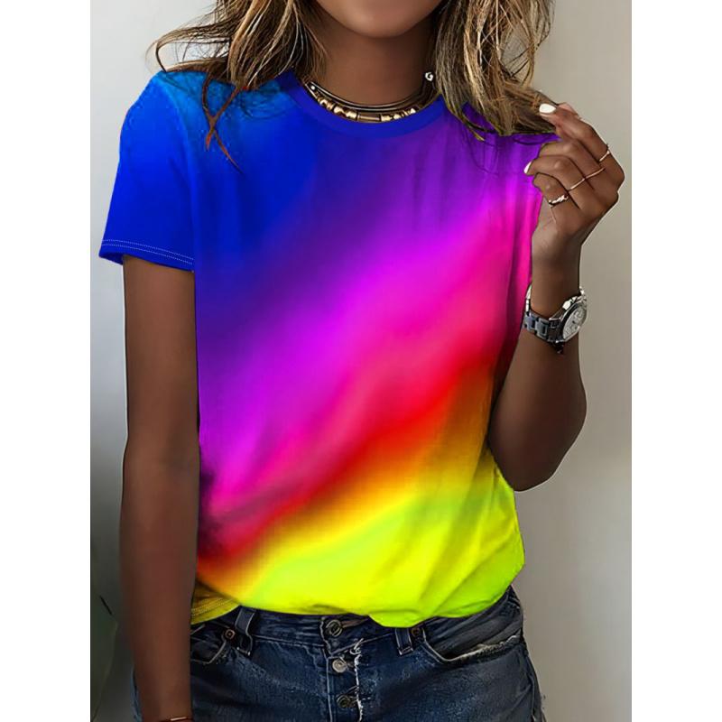 Colorful Spring and Autumn Round Neck Printed Casual Loose Short Sleeve European and American Women's TopTShirt