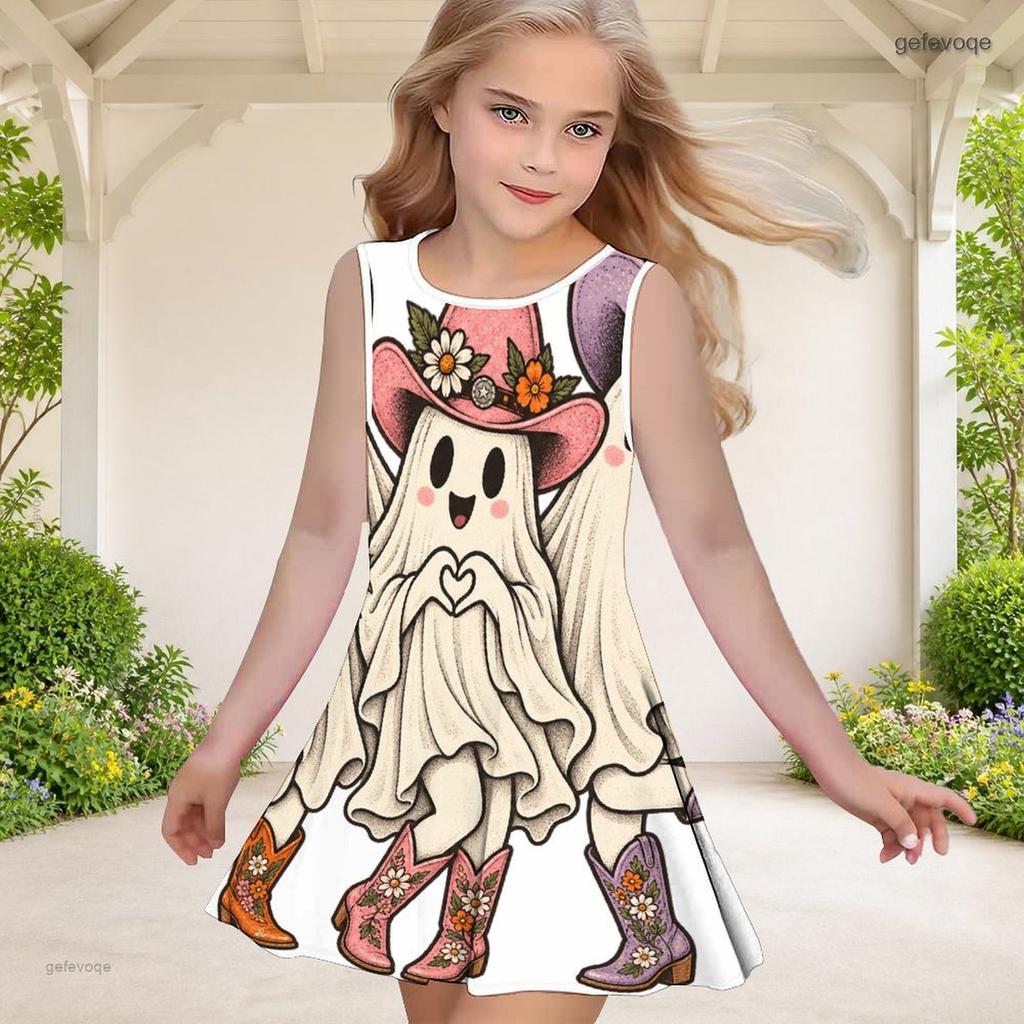 Little Girls Round Neck Sleeveless Printed A Line Flared Hem Dress Cute Bear Pumpkin Pattern