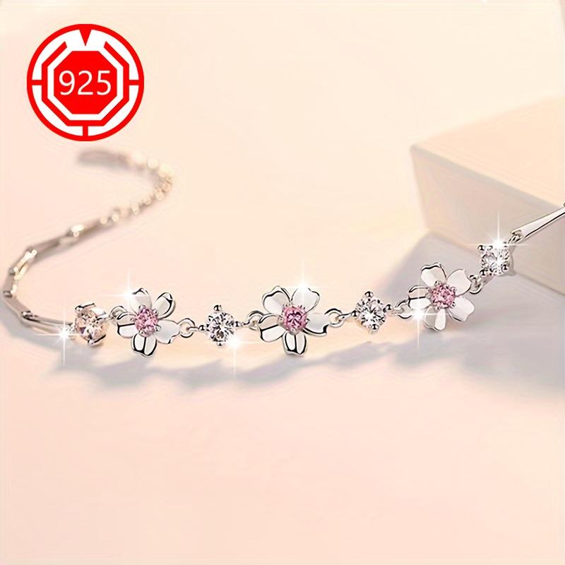 Exquisite 925 sterling silver cherry blossom bracelet with natural gemstone floral design