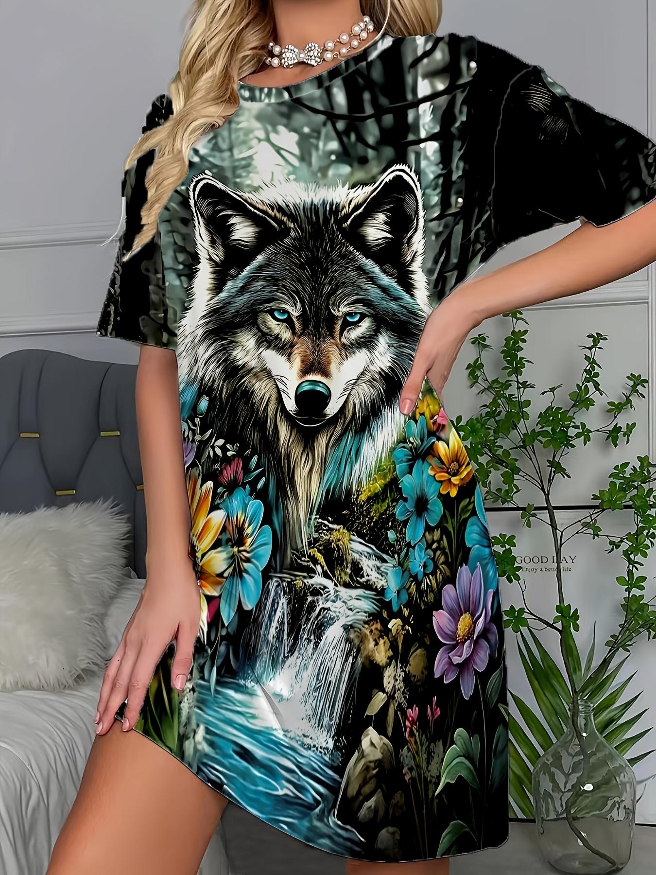 

Women s Forest Floral Wolf Print Casual Sleep Dress 5XL дубильная кора