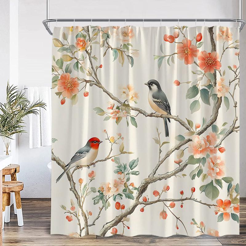 Vogel Duschvorhänge Bunte Vögel Auf Baum Mit Grünen Blättern Bauernhaus Badevorhang Polyesterstoff Badezimmer Dekor Mit Haken
