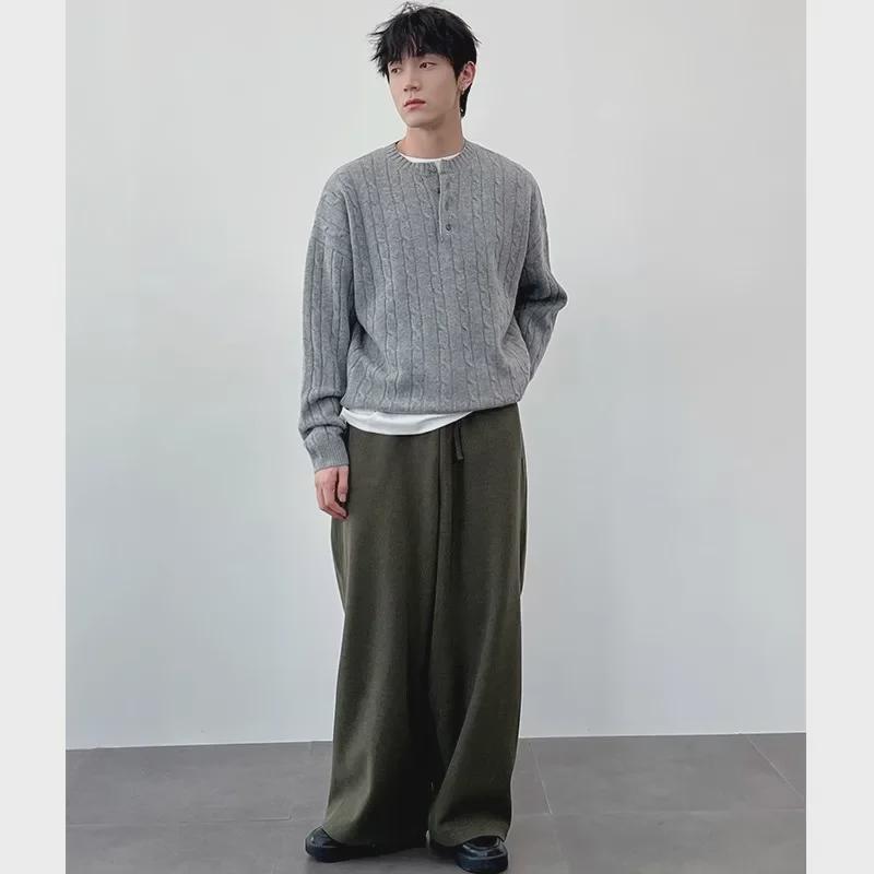 Men's Korean Style High-End Henley Collar Sweater - Heavy Woven, Twisted Knit, Loose Fit for Spring & Autumn