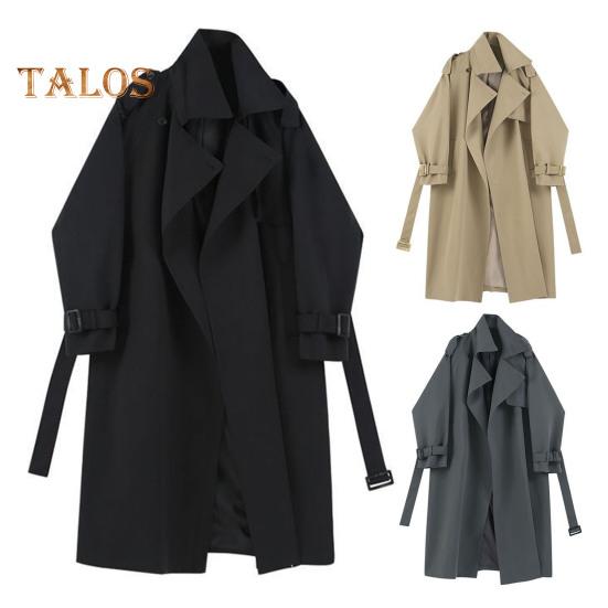 Women Windbreaker Turn-down Collar Loose Pure Color Coat Long Sleeves Belt Decor Overcoat Mid Length with Pockets Windproof Lady Jacket
