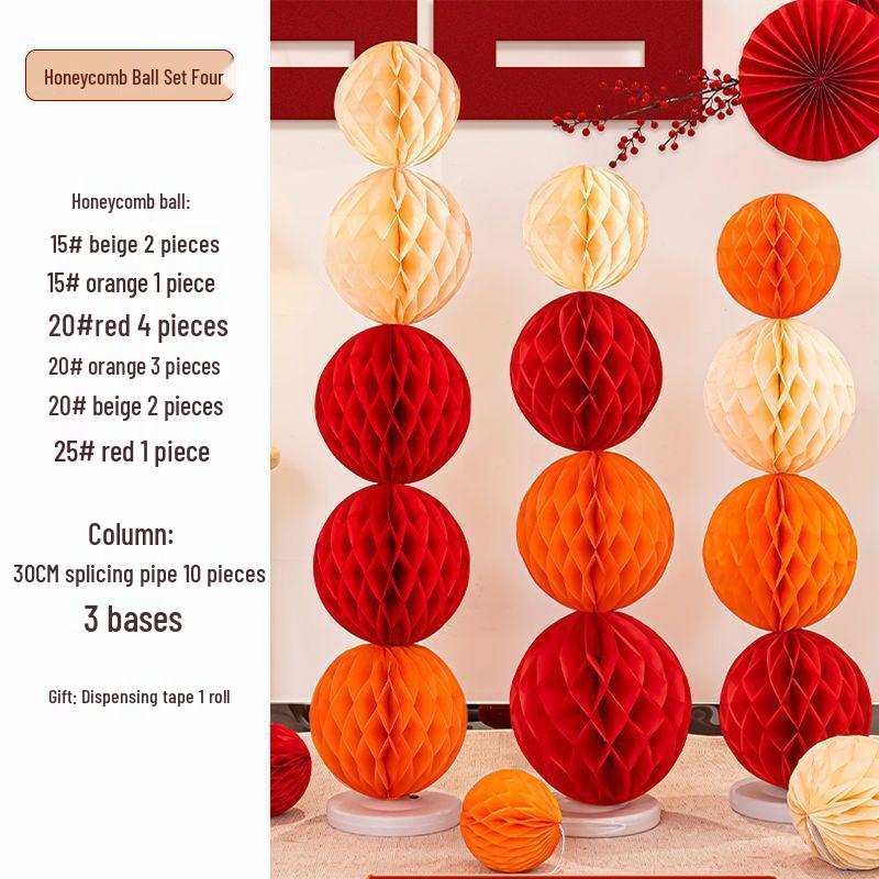 Honeycomb Ball Pillar Lantern for Wedding Room Decoration, Bride Photo Props, Double Happiness Wall Flower