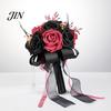 Spooky Wedding Bouquet Gothic Bride Bouquet, Artificial Black Red Rose Flower Party Floral Centerpiece with Skeleton Hand Pumpkin Skull for