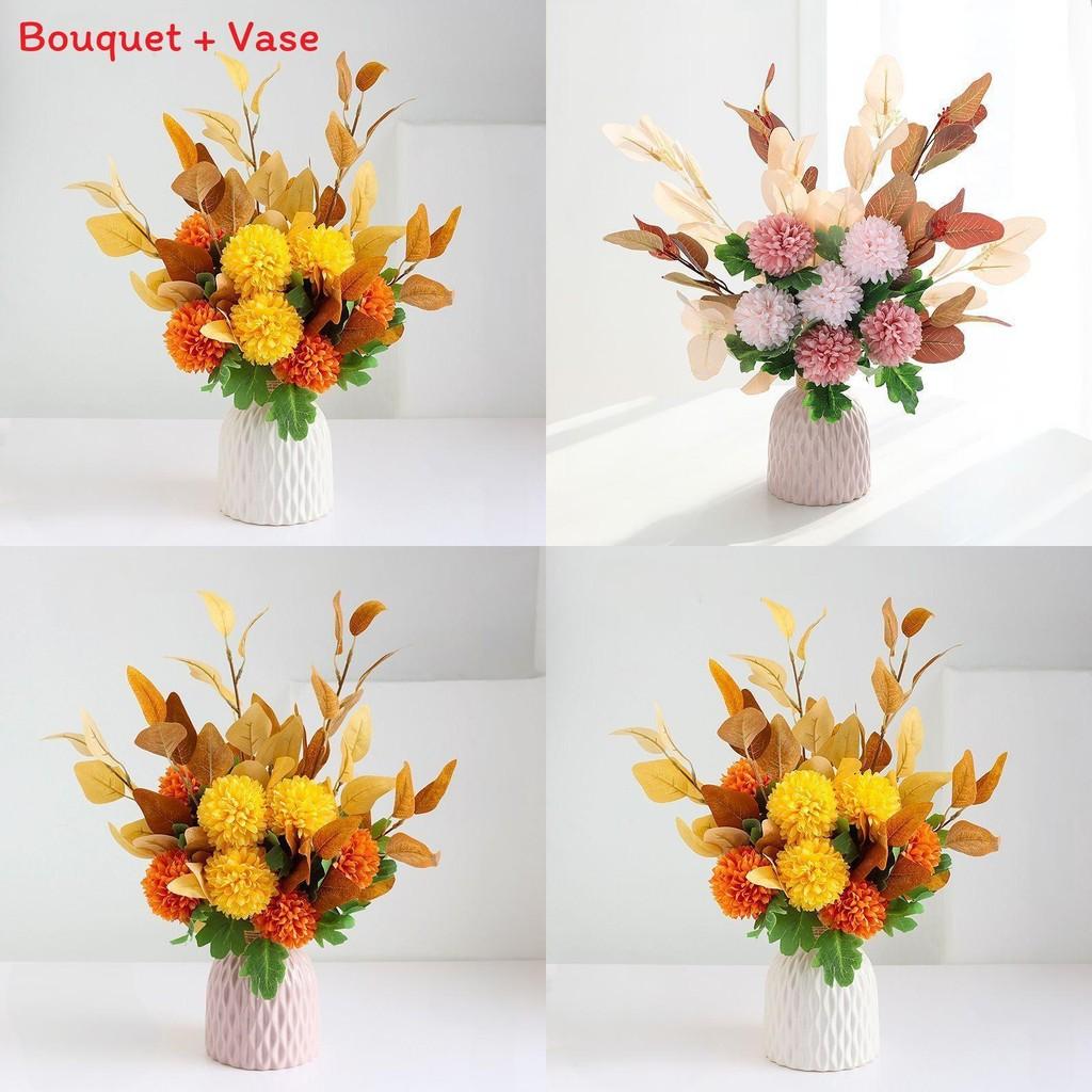 Silk Faux Hydrangea Flower Bouquet With Vase For Home Office And Interior Decoration