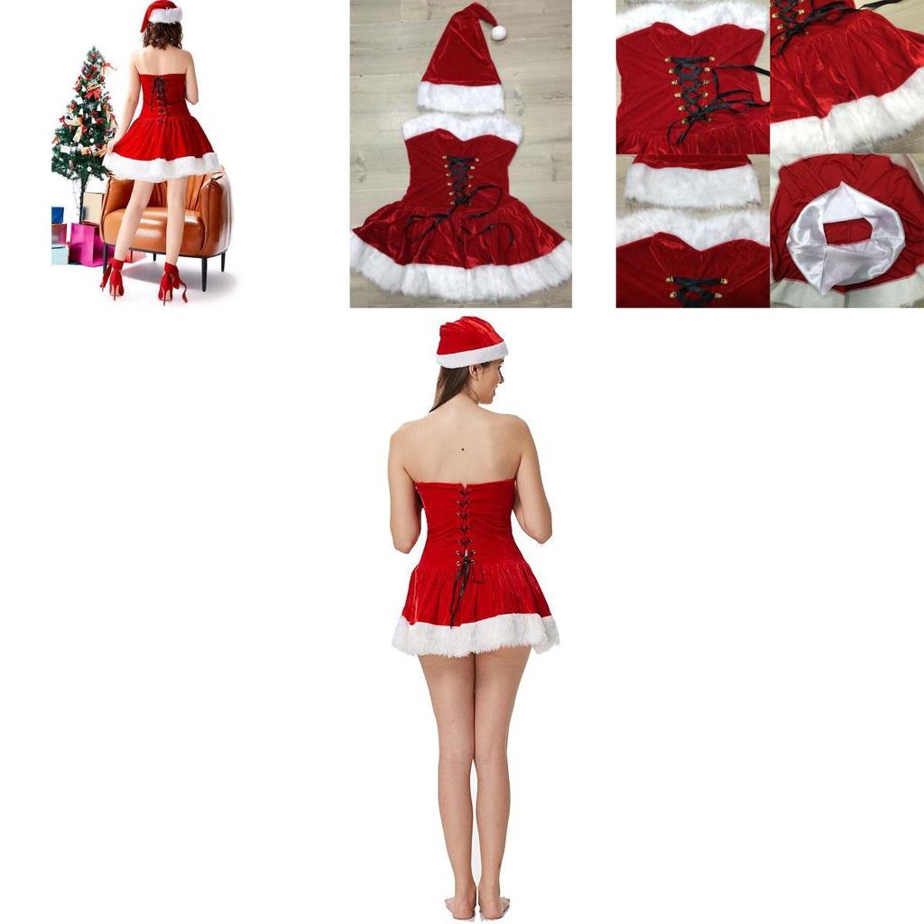 Festive Mini Red Velvet Costume Outfit For Women Featuring Santa Claus Design And Hat