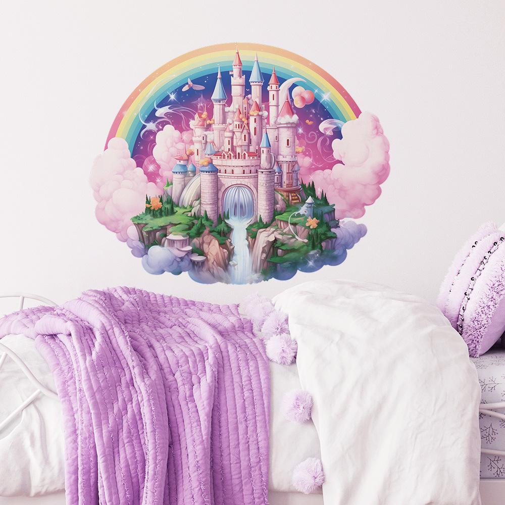 Cartoon Dream Castle Rainbow Wall Sticker Self-Adhesive for Kids Bedroom Study Room Home Decoration