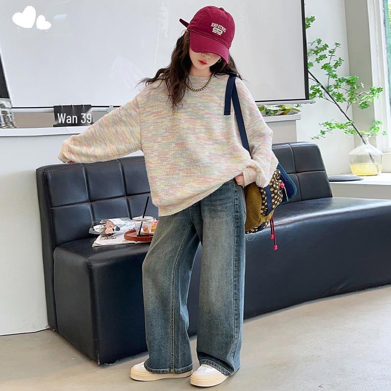 Girls' Stylish Round Neck Sweater & Jeans Set - 2024 Spring/Autumn Collection, Medium & Large Children's Two-Piece Outfit