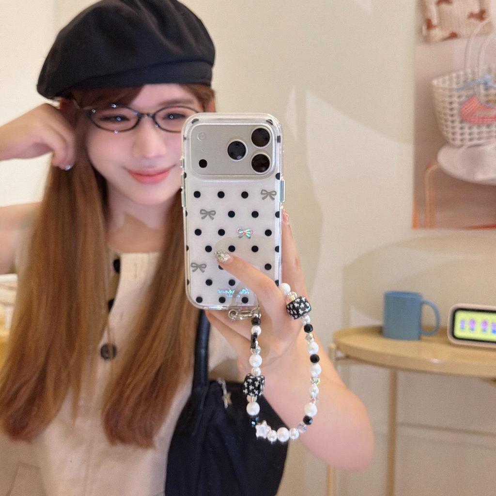 Simple Black and White Polka Dot Bow Phone Case for iPhone 17 Pro Max/16, Double Layer Design for Models 15/14.