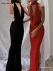 Elegantes Neckholder V-Ausschnitt Rückenfreies Festkleid für Herbst/Winter