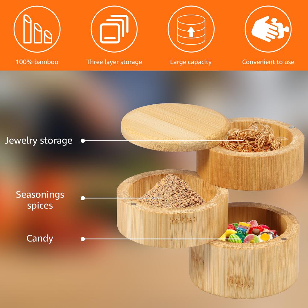 3Tier Salt Box Spice Jar Kitchen Seasoning Jar Bamboo Pepper Container Jar with Magnetic Lid Candy Earring Jewelry Salt Storage