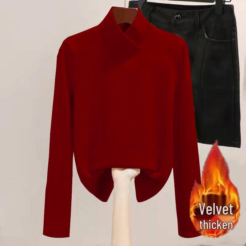 Women's Plush Thermal Slimming Top - Half-High Collar, Velvet-Lined, Versatile T-Shirt for Autumn Winter.